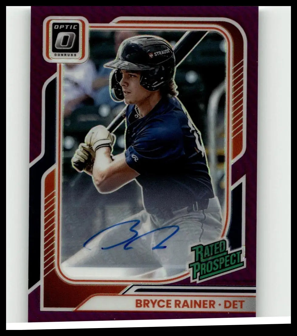Purple and orange-bordered 2026 donruss #130 bryce rainer rated prospects optic signatures baseball card with autograph