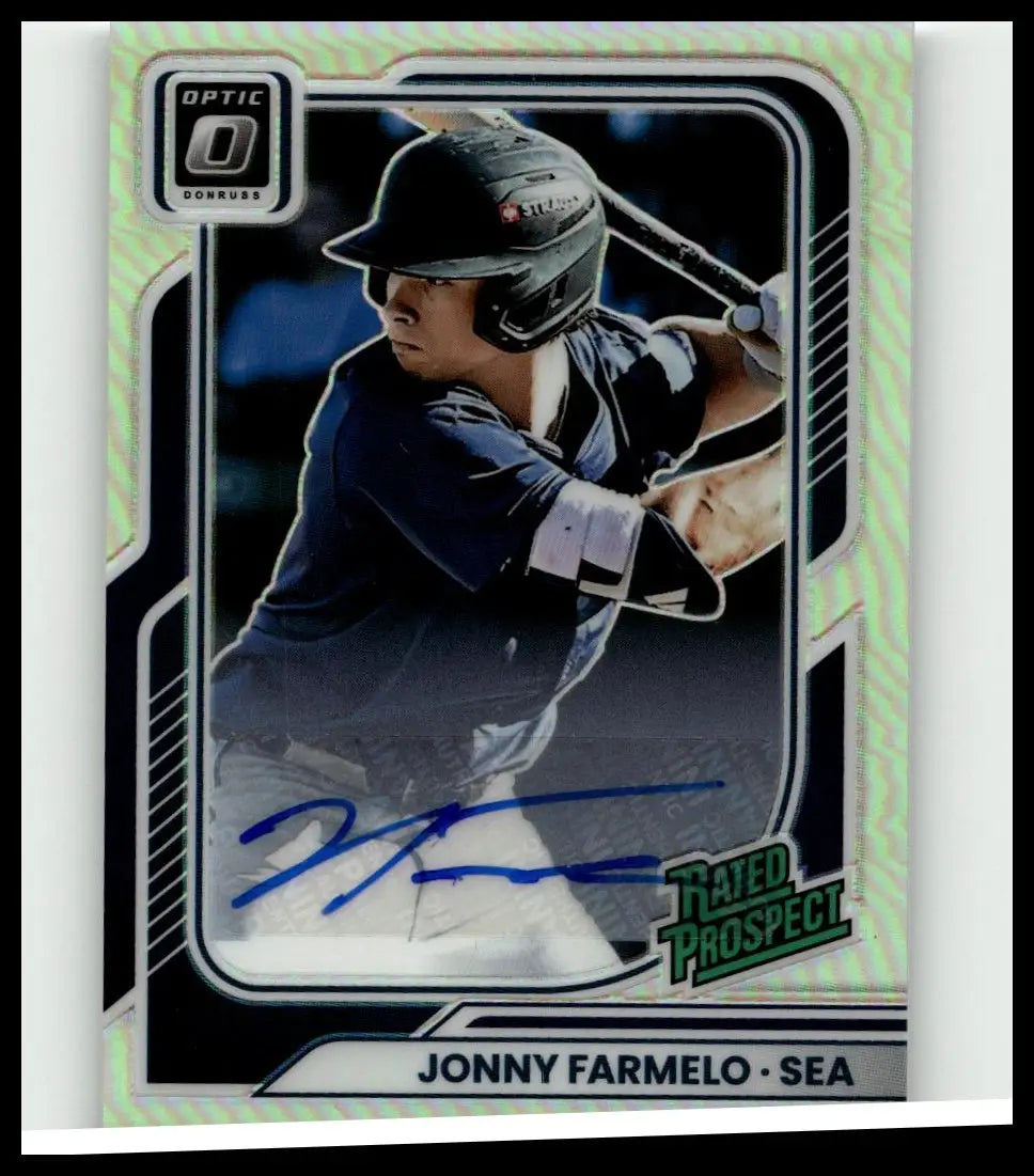 Black baseball helmet with eli logo worn by jonny farmelo in 2026 donruss jonny farmelo rated prospects optic signatures