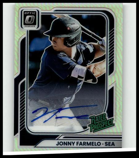 Black baseball helmet with eli logo worn by jonny farmelo in 2026 donruss jonny farmelo rated prospects optic signatures