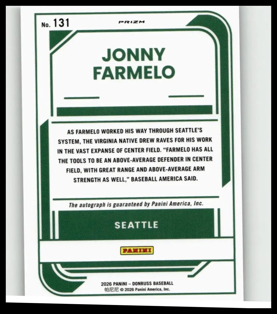 Green and white 2026 Donruss #131 Jonny Farmelo rated prospects optic signatures baseball card with prizm logo
