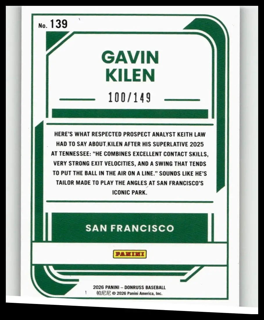 Green and white 2026 donruss baseball trading card featuring gavin kilen blue numbered 100 of 149