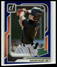 Blue and orange bordered 2026 donruss #139 gavin kilen blue baseball trading card with kilen in black helmet and jersey