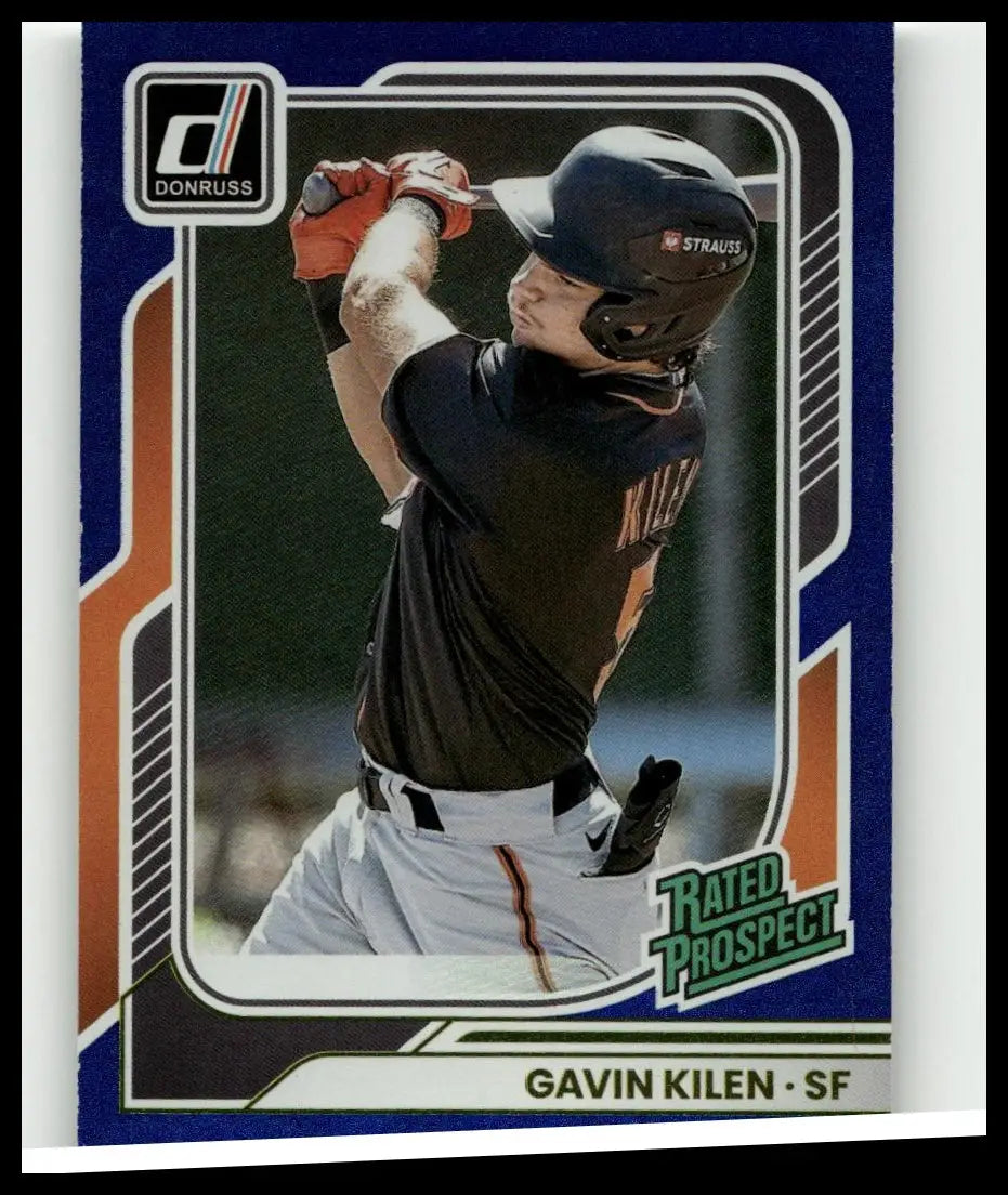 Blue and orange bordered 2026 donruss #139 gavin kilen blue baseball trading card with kilen in black helmet and jersey