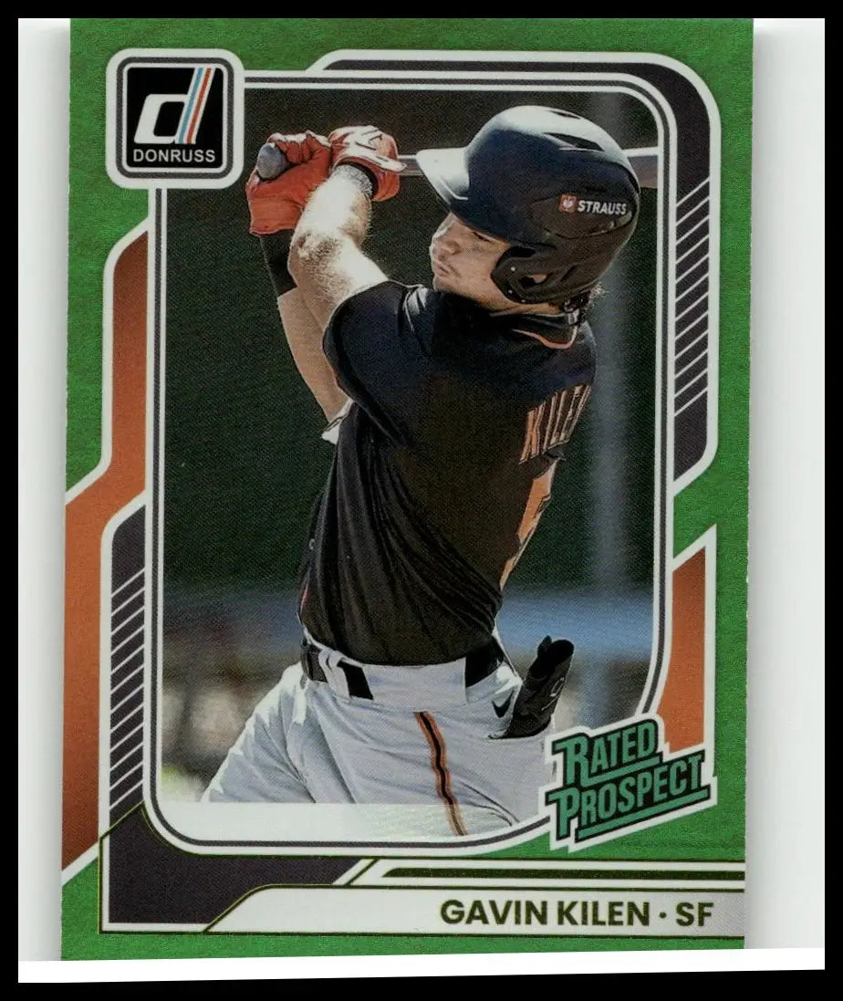 Green and orange bordered 2026 donruss #139 gavin kilen green baseball trading card featuring kilen in black and white uniform