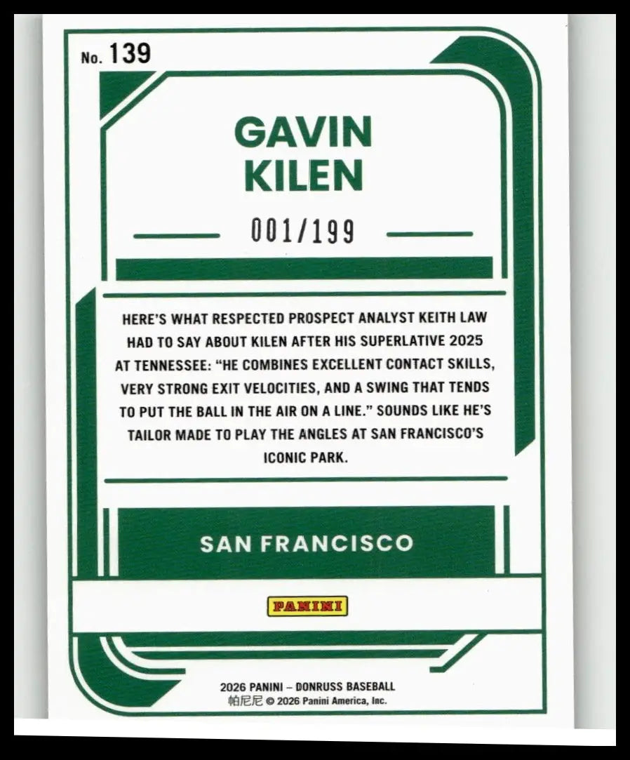 Green and white 2026 donruss baseball trading card featuring gavin kilen green numbered 001 of 199