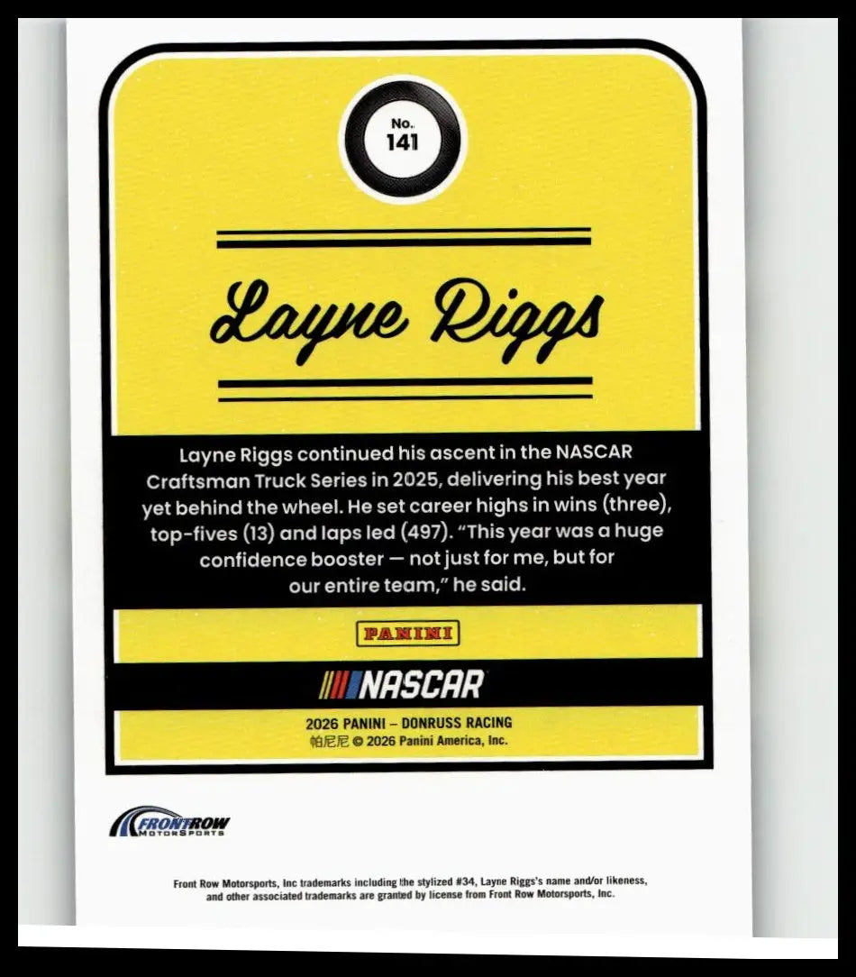 Yellow and black nascar trading card featuring layne riggs blue numbered 141 from 2026 donruss series