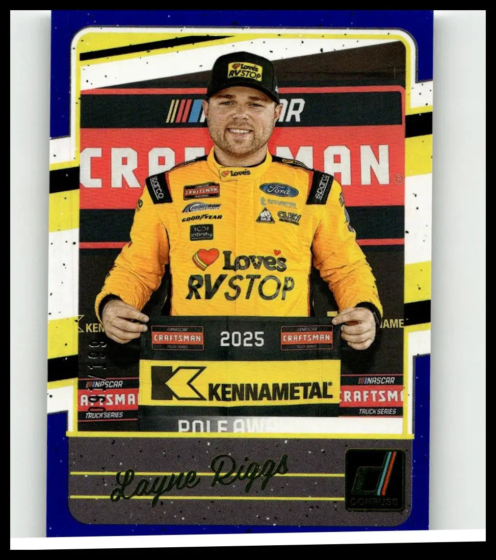 Yellow racing suit with black and white sponsor logos worn by driver kyle larson in 2026 donruss layne riggs blue product