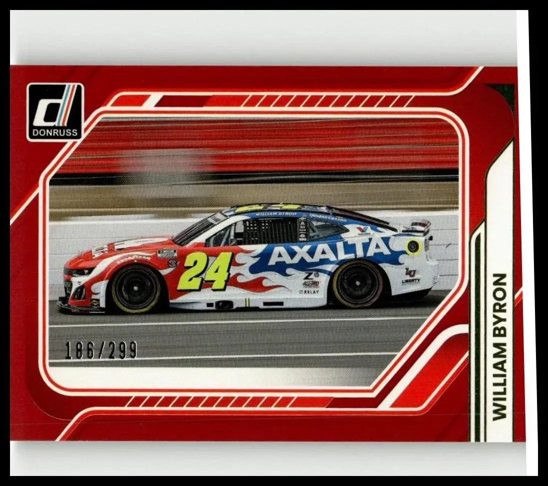 2026 donruss #152 william byron red nascar card featuring a red white and blue car numbered 24 with axalta decals