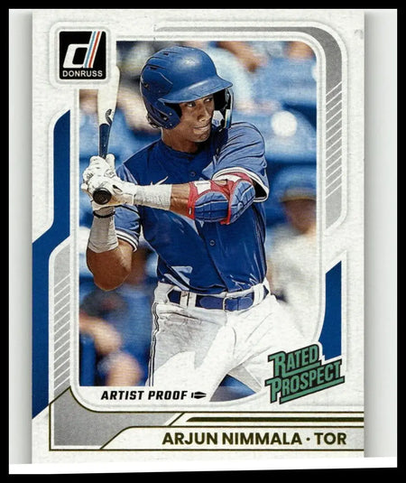 Blue helmeted arjun nimmala mid-swing on 2026 donruss 154 artist proofs nimmala artist proofs card number 25