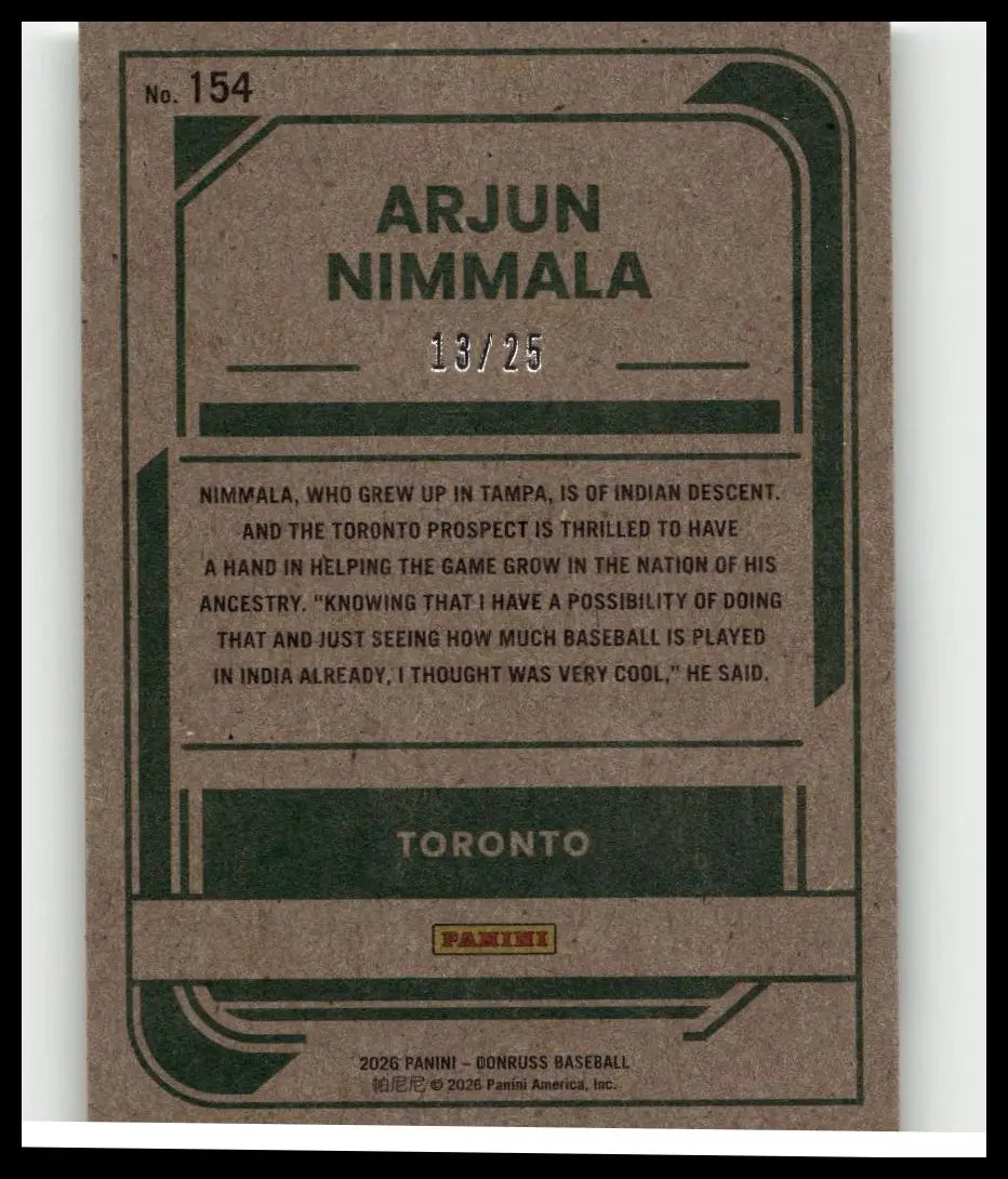 Brown textured 2026 Donruss baseball trading card with green border featuring arjun nimmala artist proofs #154