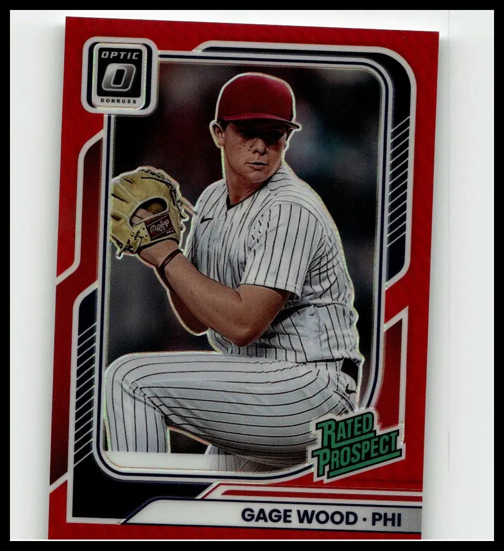 Red and black framed 2026 donruss baseball card featuring gage wood optic in pinstriped uniform holding tan glove