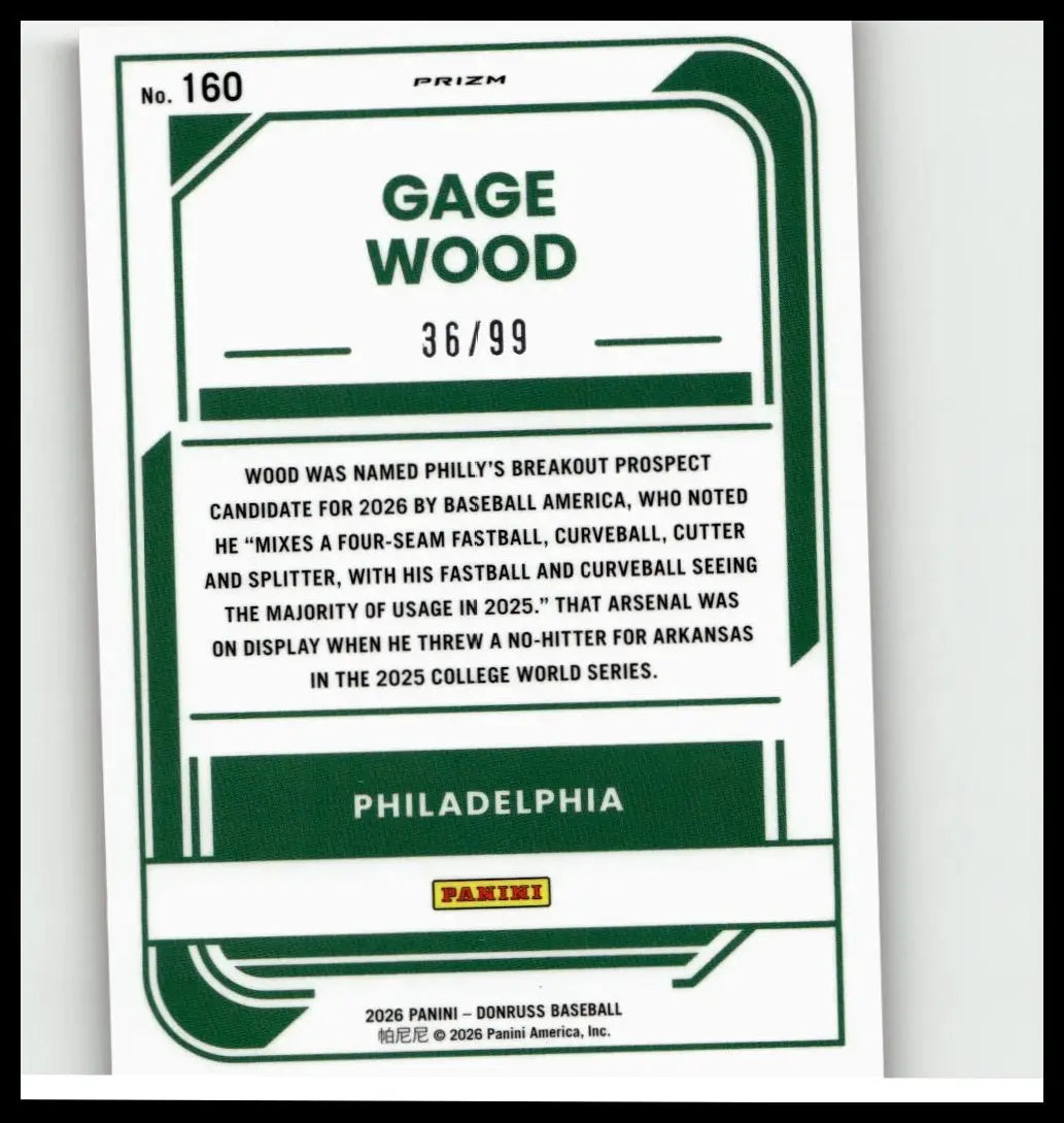Green and white 2026 donruss baseball trading card featuring gage wood optic red numbered 36 of 99