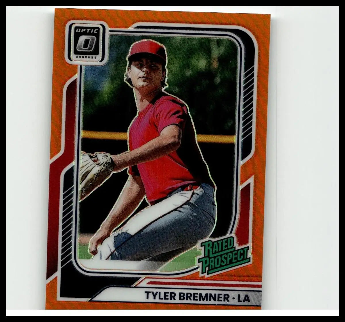 Orange and black framed 2026 donruss #177 tyler bremner optic orange baseball trading card featuring bremner in red jersey