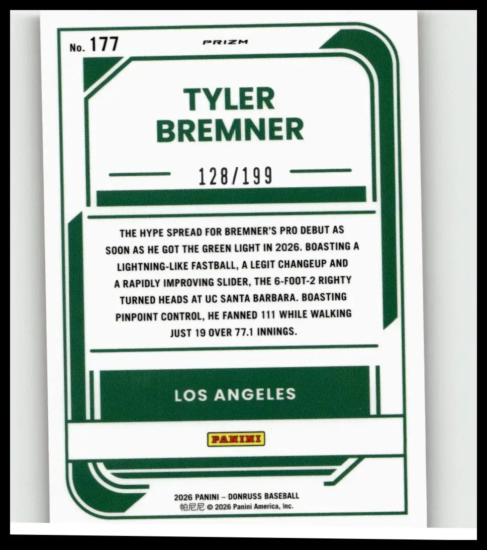 Green and white prizm baseball trading card featuring tyler bremner numbered 128 of 199 from 2026 donruss optic orange series