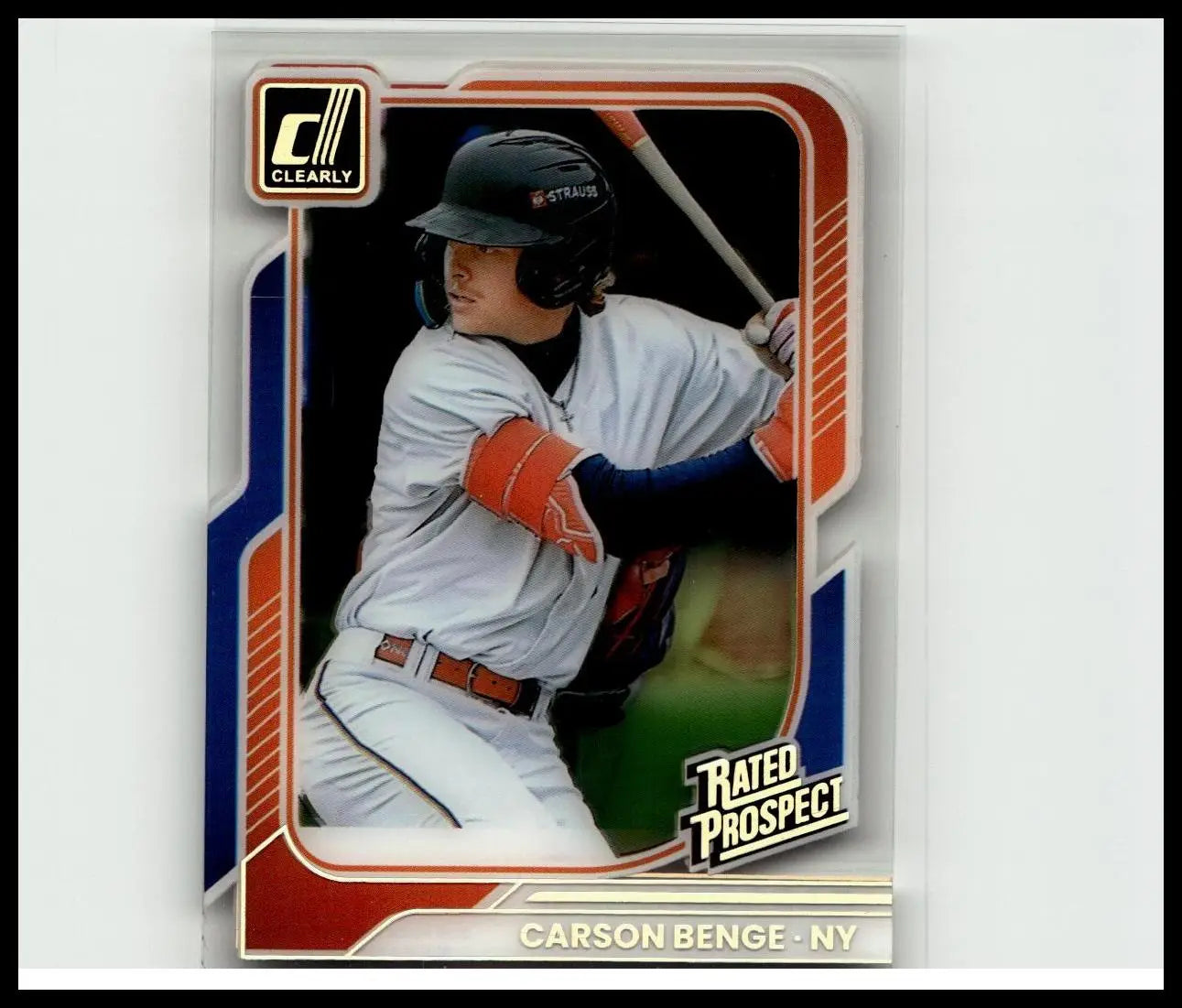 Baseball trading card 2026 donruss #180 featuring carson benge in mets uniform mid-swing with orange glove and black helmet