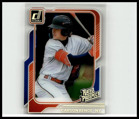 Baseball trading card 2026 donruss #180 featuring carson benge in mets uniform mid-swing with orange glove and black helmet