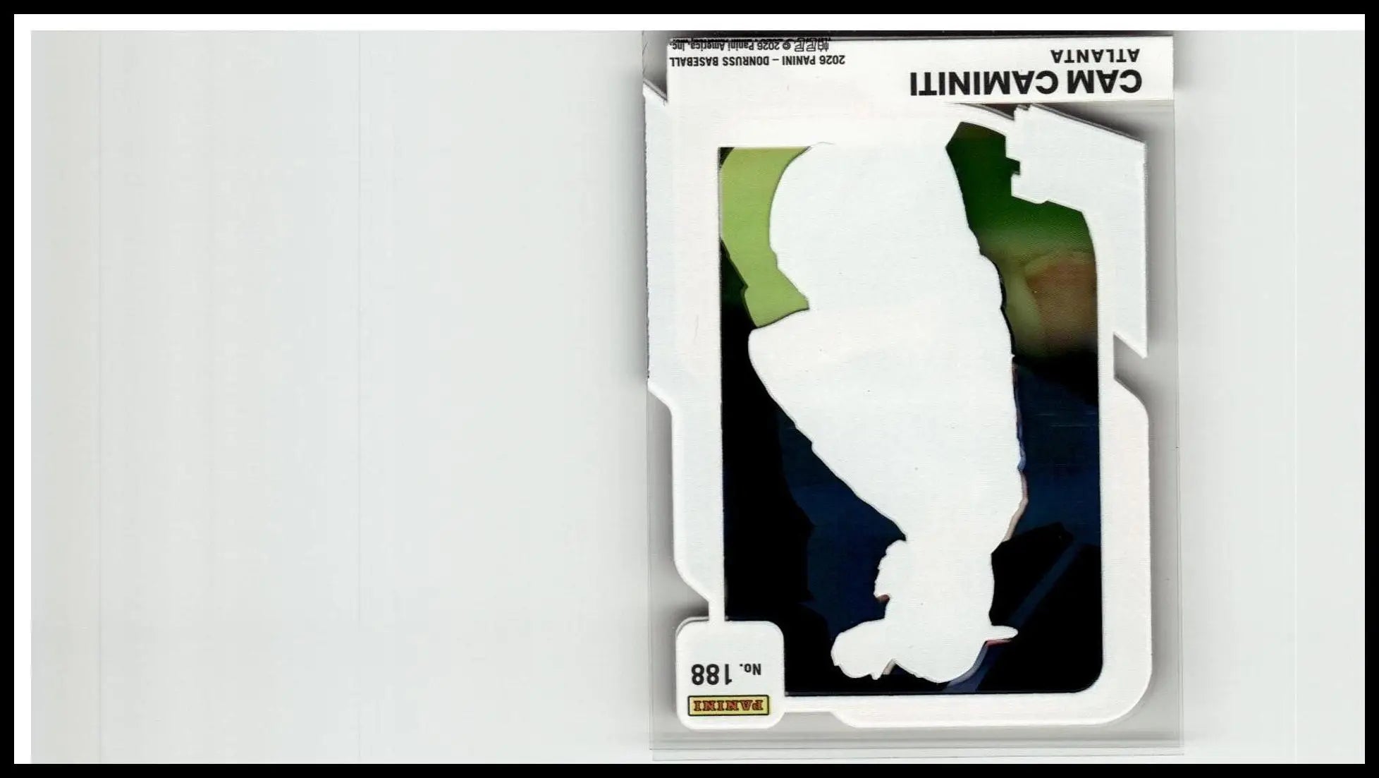 White silhouette baseball card of cam garnett encased in clear sleeve with black and green accents from 2026 donruss #180 carson benge toys and games