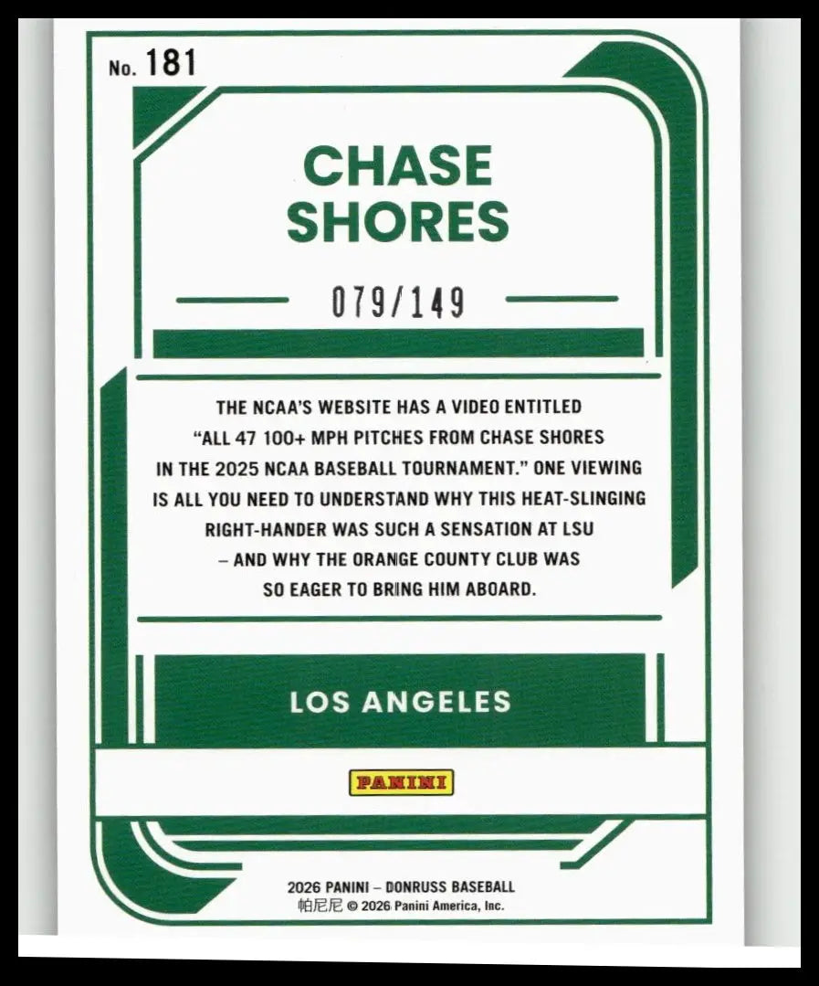 Green and white panini donruss 2026 chase shores blue limited edition baseball trading card number 181 of 149