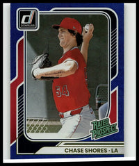 Red and white 2026 donruss chase shores blue baseball card featuring player in red jersey number 54 holding ball