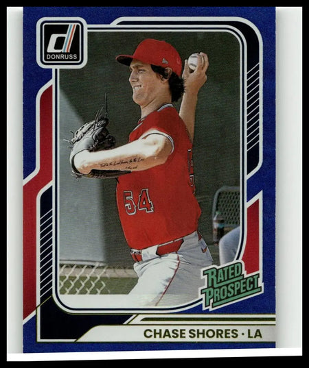 Red and white 2026 donruss chase shores blue baseball card featuring player in red jersey number 54 holding ball