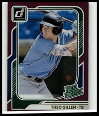 This 2026 Donruss #193 theo gillen holo purple baseball card shows theo gillen mid-swing in a blue stratos jersey