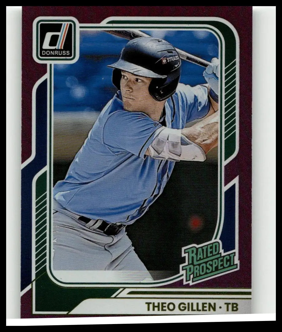 This 2026 Donruss #193 theo gillen holo purple baseball card shows theo gillen mid-swing in a blue stratos jersey