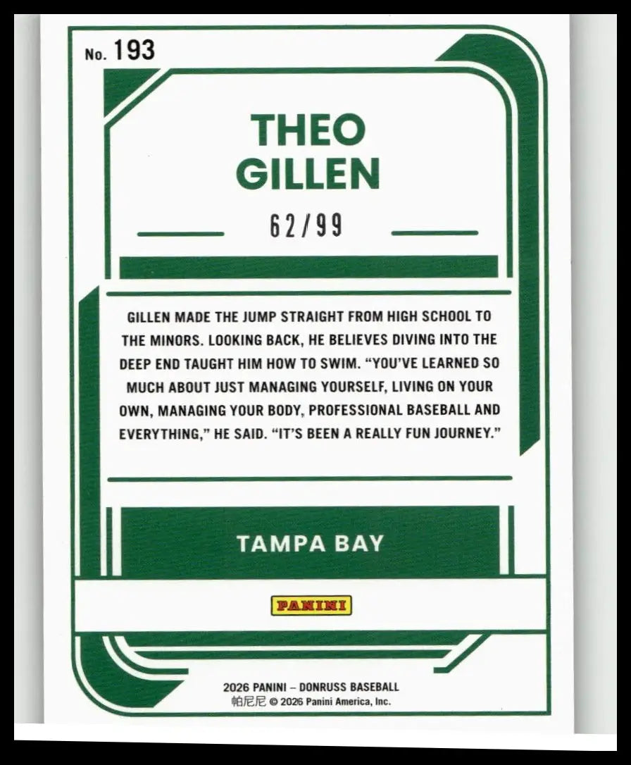 Green and white 2026 donruss baseball card featuring theo gillen holo purple number 193 of 99 collectibles