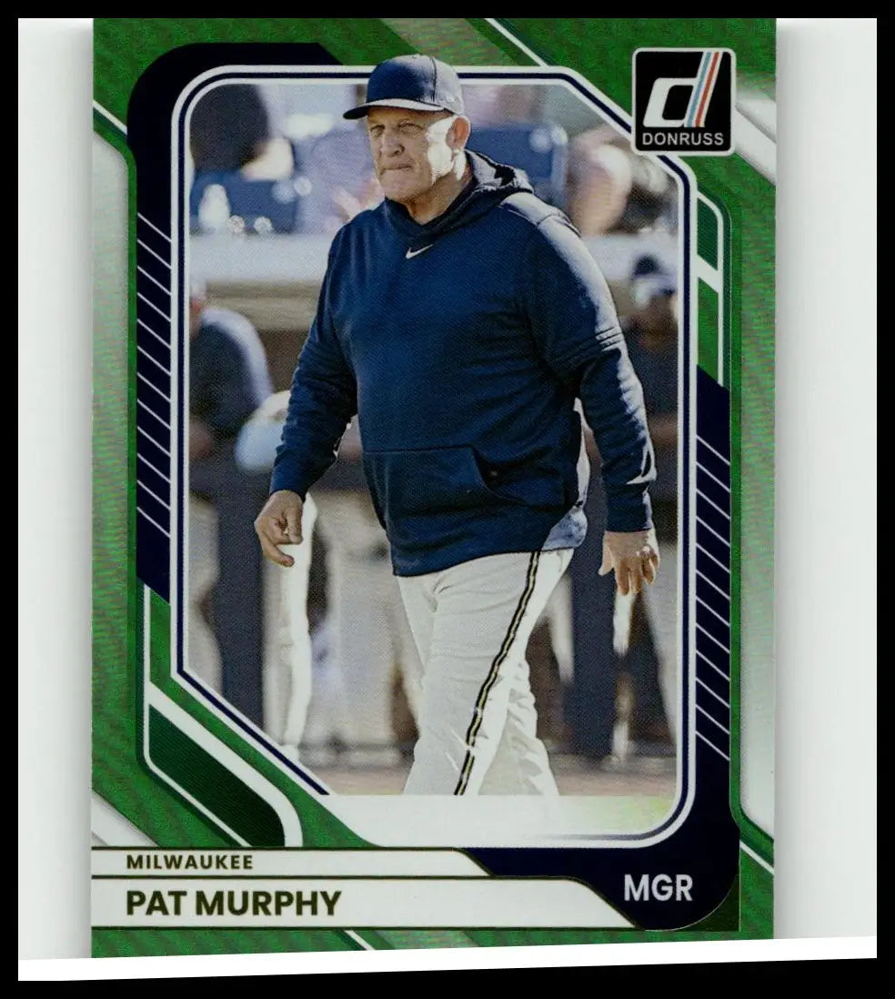 Pat murphy green wearing a blue nike hoodie and white pants with black stripes in 2026 donruss #21 card