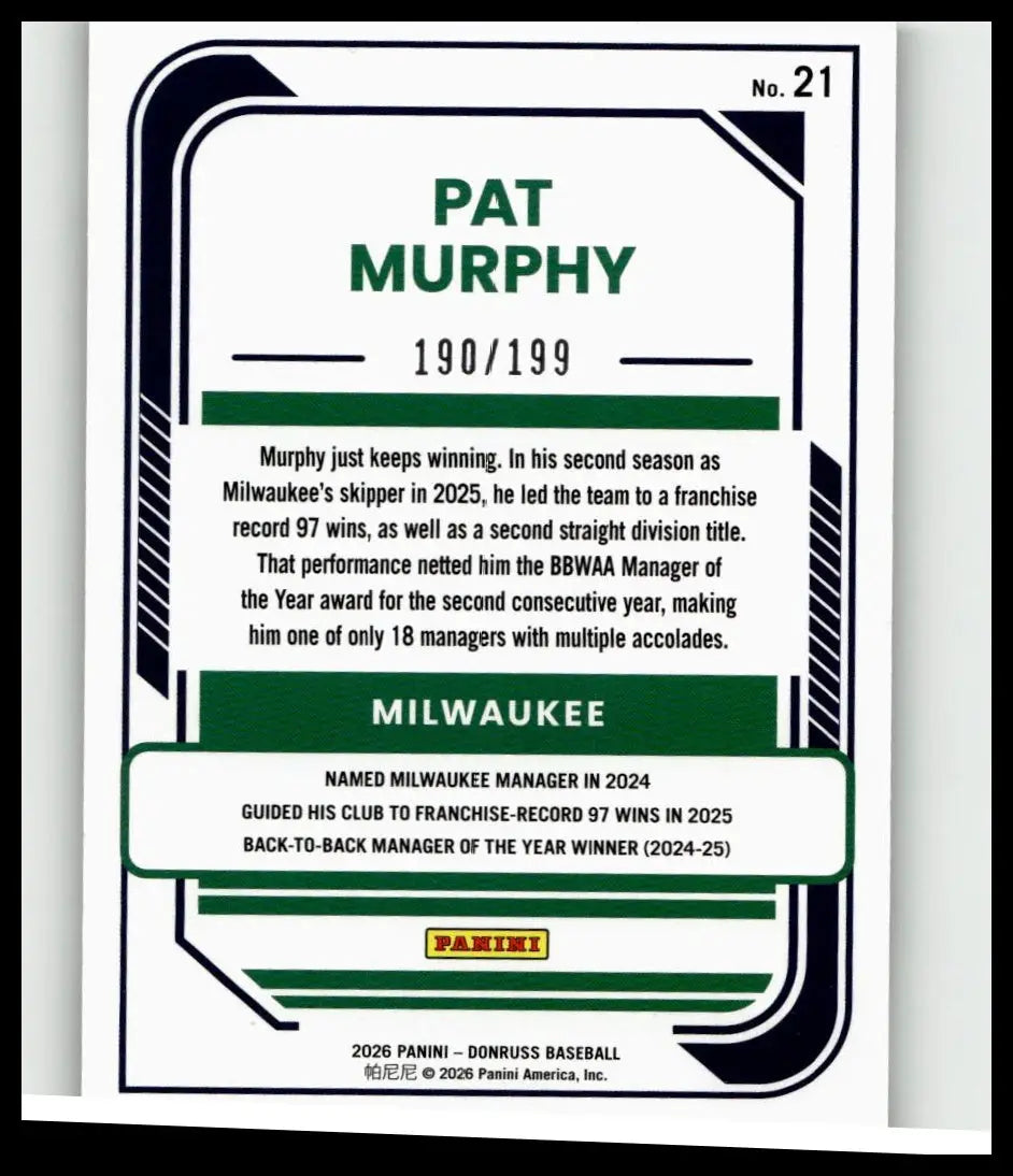 Green and white 2026 donruss baseball trading card featuring pat murphy milwaukee manager numbered 21 of 199