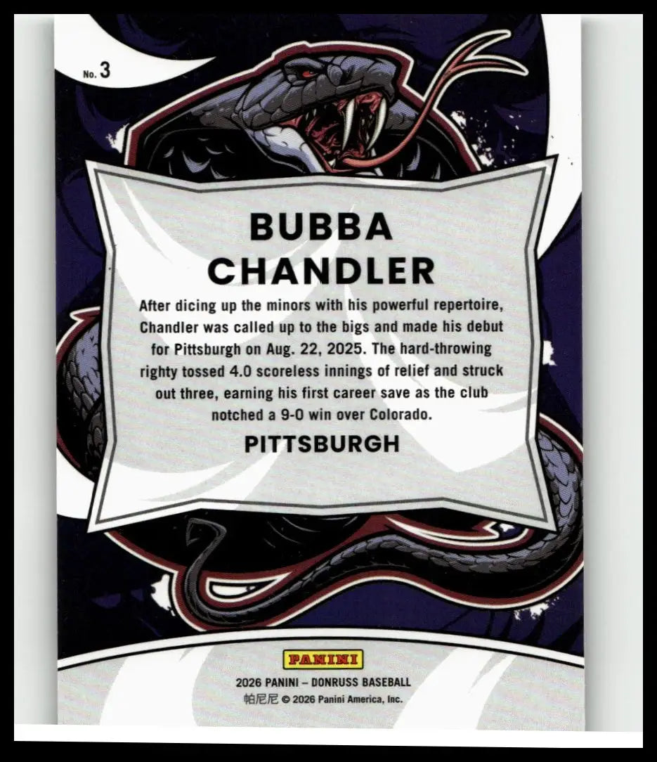 Black and red illustrated snake graphic on dark blue 2026 donruss bubba chandler unleashed green laser baseball card