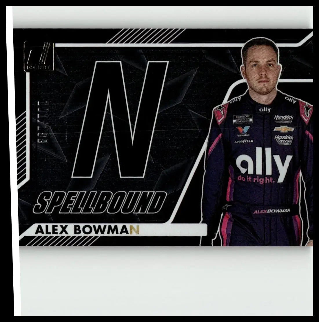 Black and pink racing suit with white lettering featuring the ally logo for alex bowman spellbound diamond plate