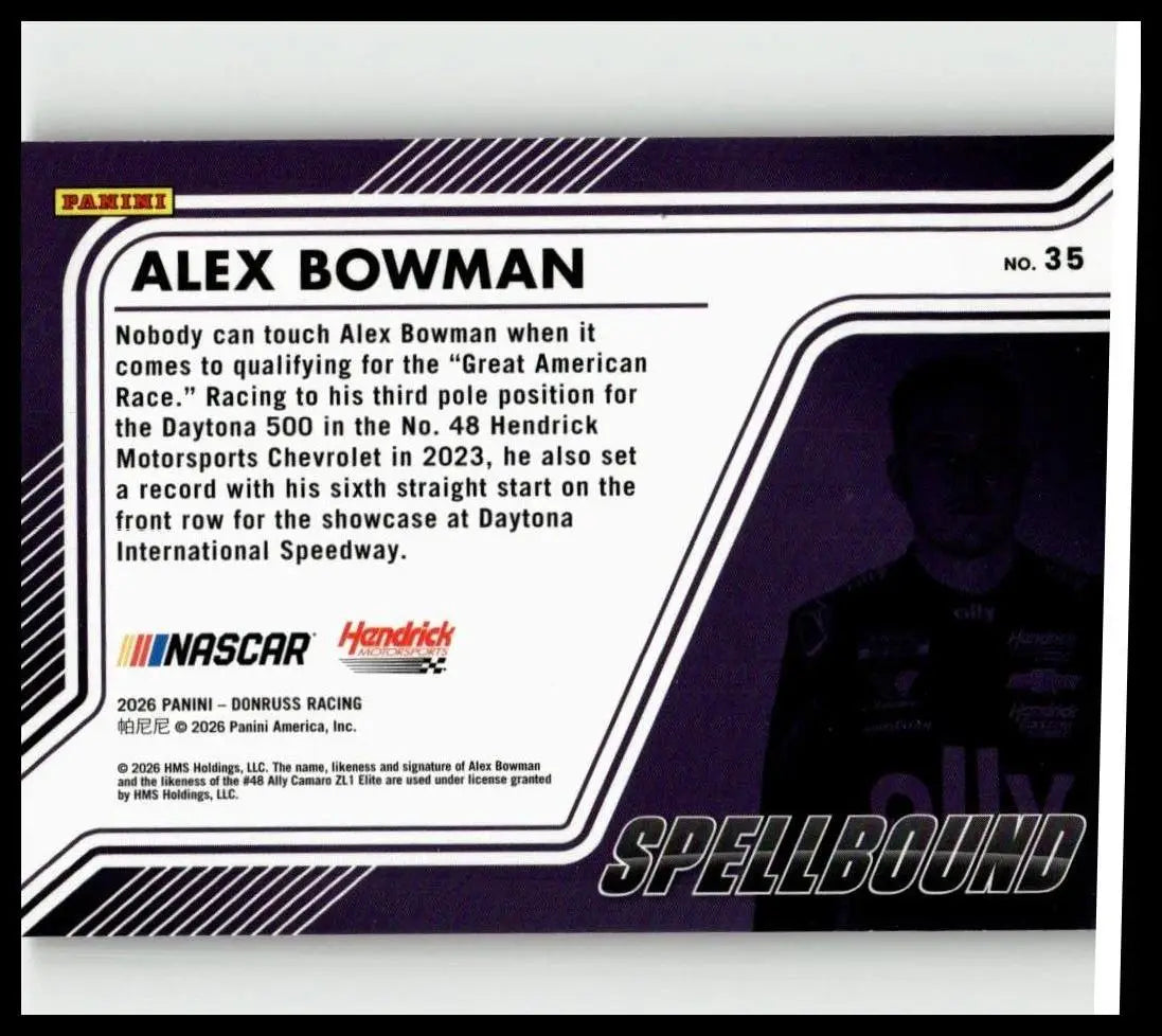 Purple and white nascar trading card featuring alex bowman spellbound diamond plate numbered 35 of 199