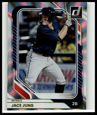 Image of 2026 donruss 40 jace jung optic baseball card showing jung mid-swing in navy blue jersey and gray pants