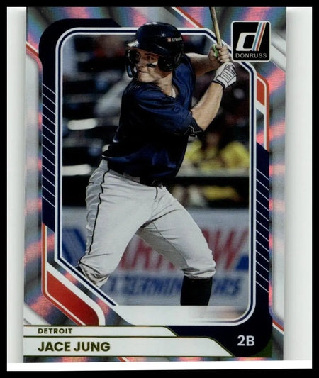 Image of 2026 donruss 40 jace jung optic baseball card showing jung mid-swing in navy blue jersey and gray pants
