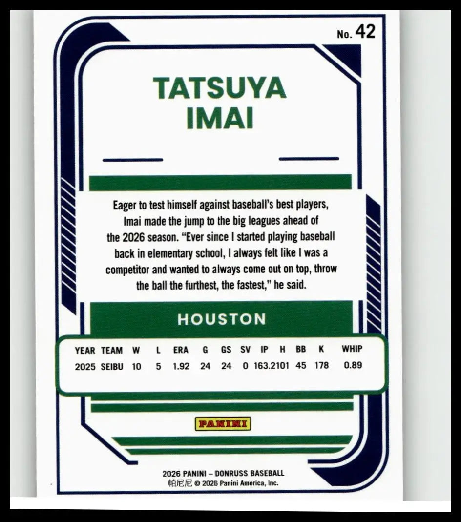 Back of a 2026 donruss #42 tatsuya imai optic baseball trading card in green and navy blue with 2025 season stats