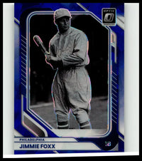 Blue and silver 2026 Donruss jimmie foxx optic baseball card with black and white photo numbered 15 of 15