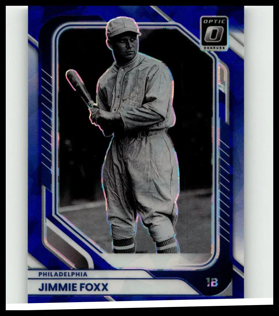 Blue and silver 2026 Donruss jimmie foxx optic baseball card with black and white photo numbered 15 of 15