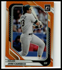Orange and black framed 2026 donruss #45 jose canseco optic orange baseball card featuring canseco in oakland athletics uniform