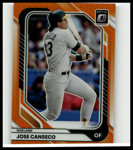 Orange and black framed 2026 donruss #45 jose canseco optic orange baseball card featuring canseco in oakland athletics uniform