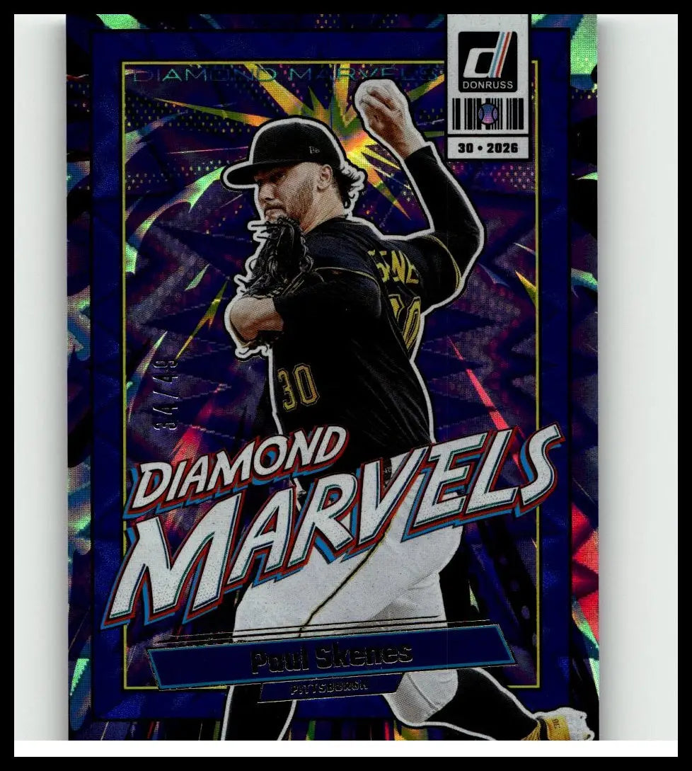 A vibrant holographic 2026 Donruss paul skenes diamond marvels baseball card with blue xplosion background