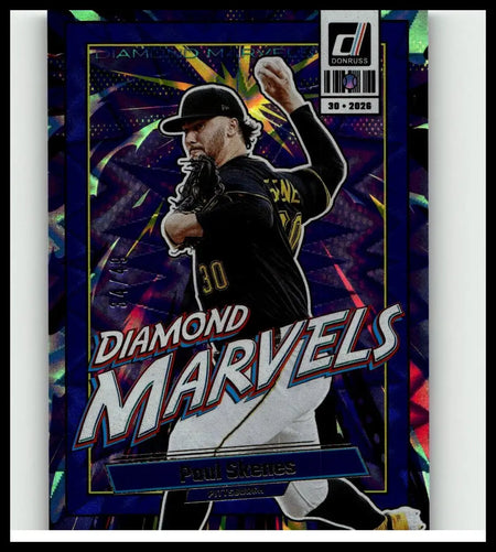 A vibrant holographic 2026 Donruss paul skenes diamond marvels baseball card with blue xplosion background