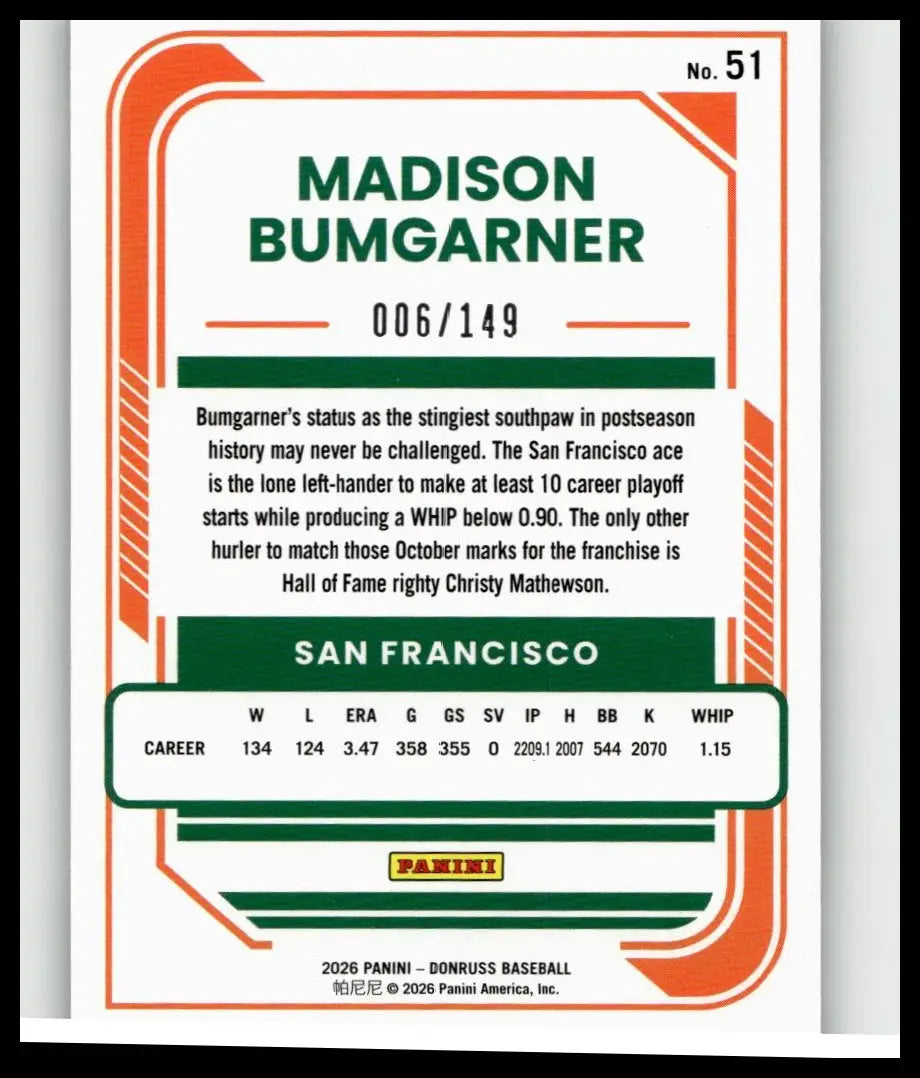 Green and orange-bordered 2026 Donruss baseball trading card of Madison Bumgarner blue numbered 006 of 149