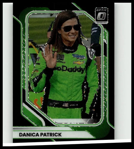 Green and black racing suit worn by Danica Patrick featuring GoDaddy branding in the 2026 Danica Patrick Optic Black Velocity card