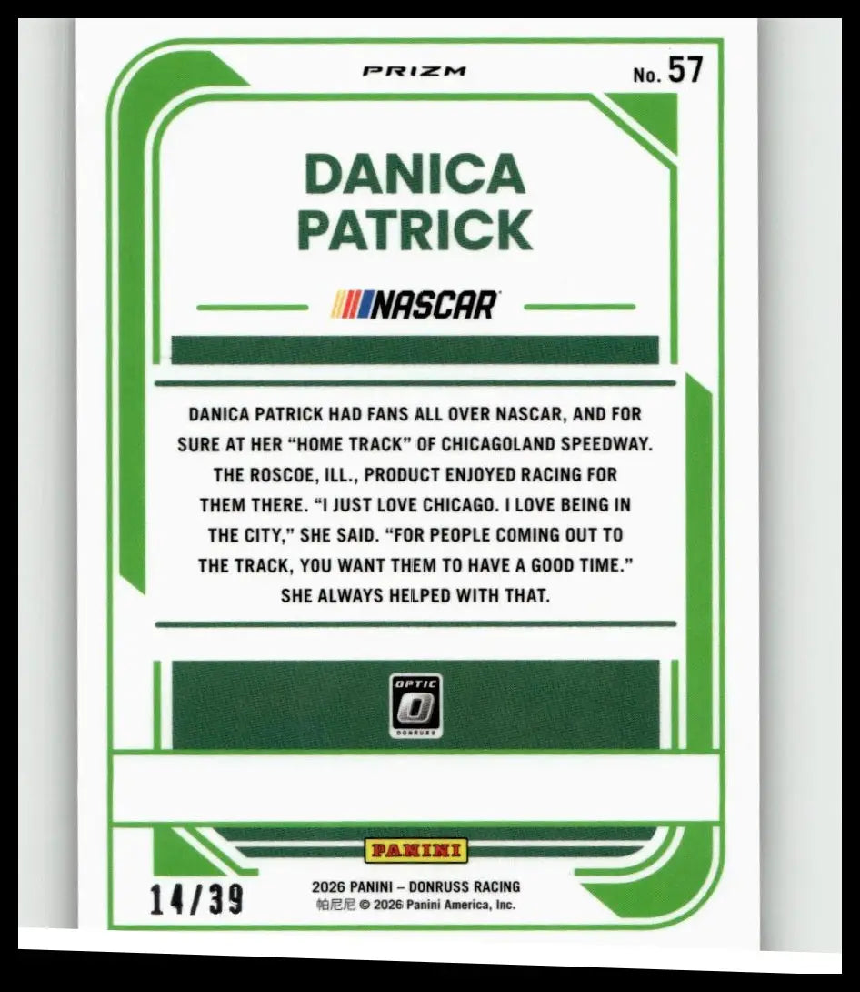 Green and white nascar trading card of danica patrick featuring danica patrick optic black velocity numbered 39 of 2026 donruss