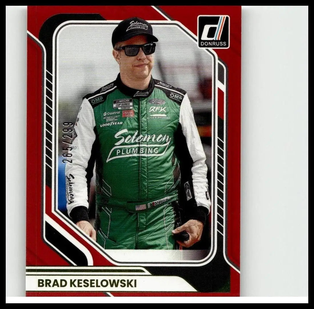 Green and white racing suit with solomon plumbing logo worn by brad keselowski in 2026 donruss red #6 brad keselowski red card