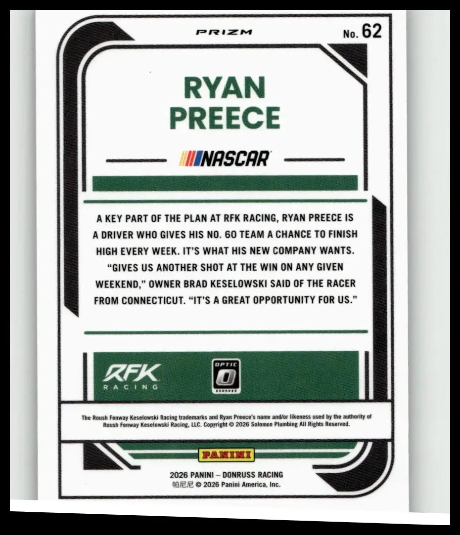 Green and black nascar trading card featuring ryan preece from 2026 donruss 62 ryan preece optic series