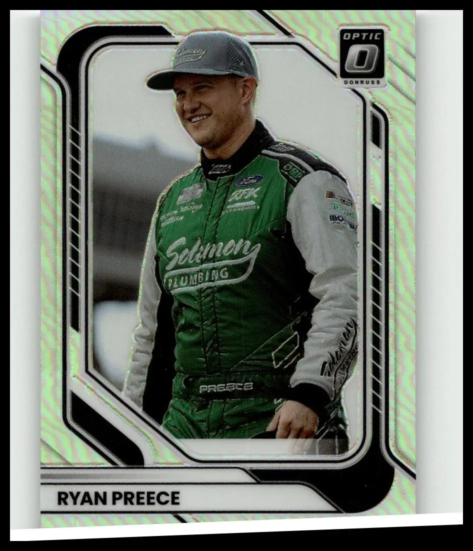 Green and white racing suit with sponsor logos worn by ryan preece in 2026 donruss 62 ryan preece optic
