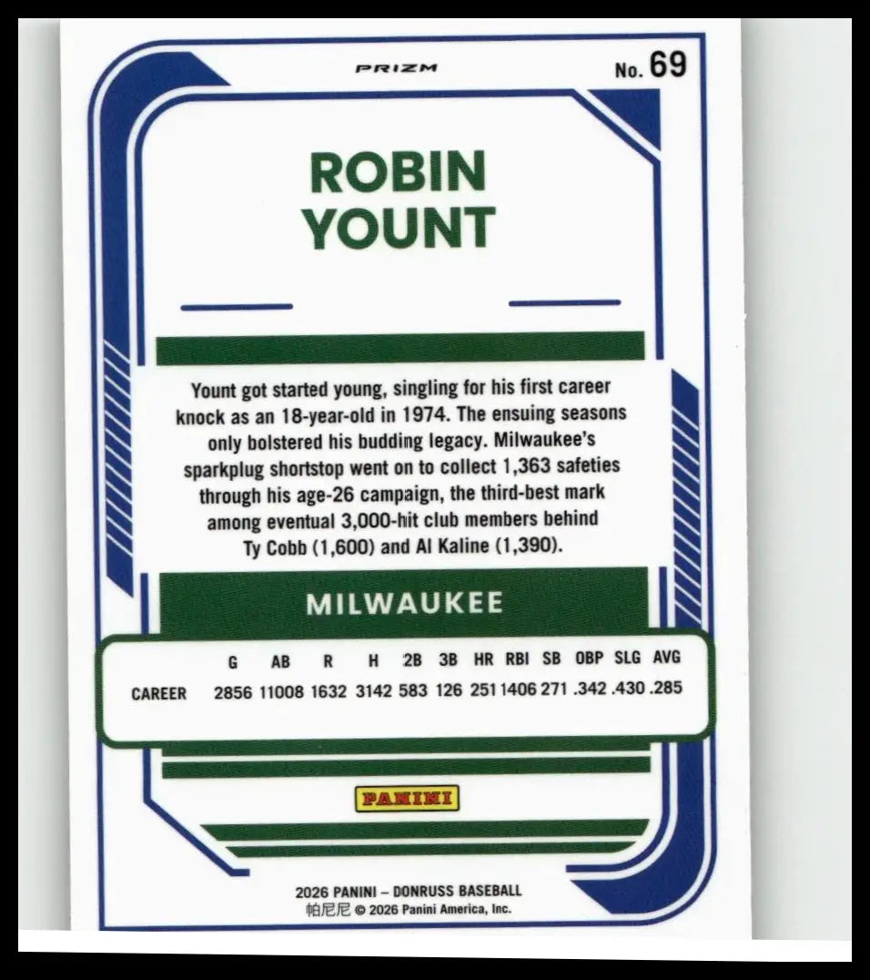 Blue and green framed 2026 donruss baseball trading card featuring robin yount optic holo #69 from panini series