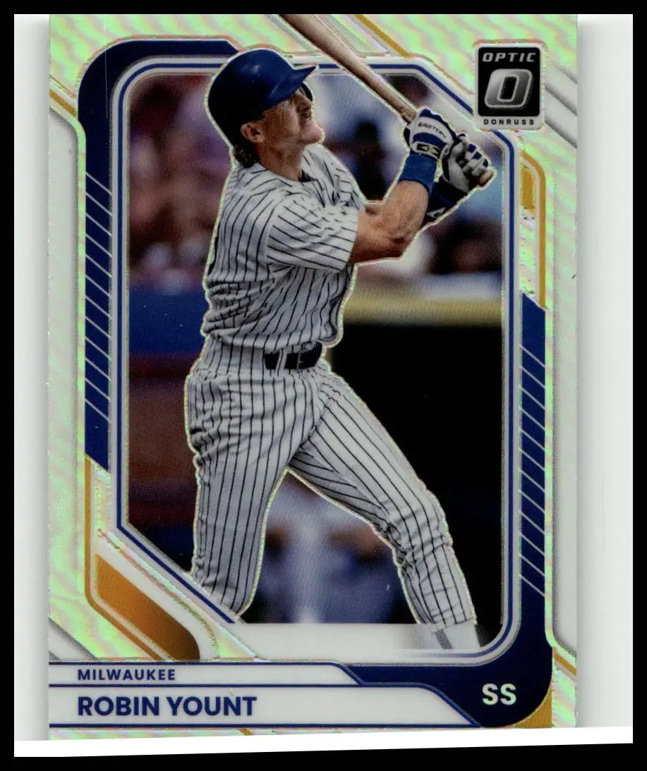 2026 donruss robinson yount optic holo trading card in iconic pinstripe uniform mid-swing with blue and gold border accents