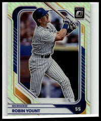 2026 donruss robinson yount optic holo trading card in iconic pinstripe uniform mid-swing with blue and gold border accents